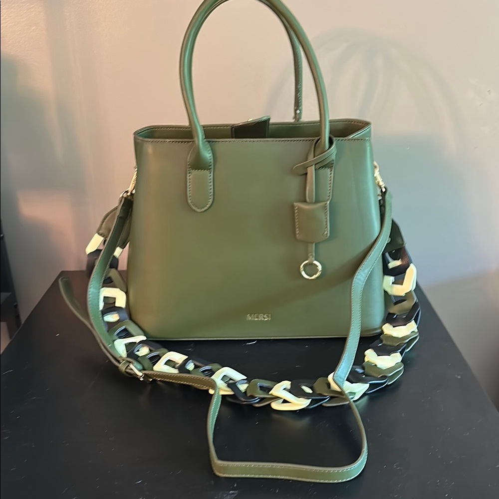 Vegan faux leather Olive Green Women's Satchel with “faux leather Chain” Strap